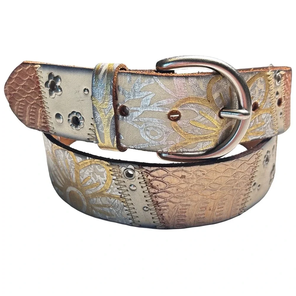 Fossil Vintage Metallic Floral Leather Belt Size Large Gold Silver Patchwork Y2K